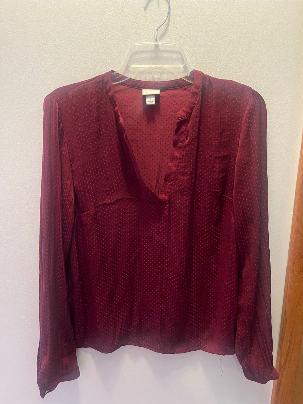 a new day Burgundy V-Neck Dot-Texture Blouse